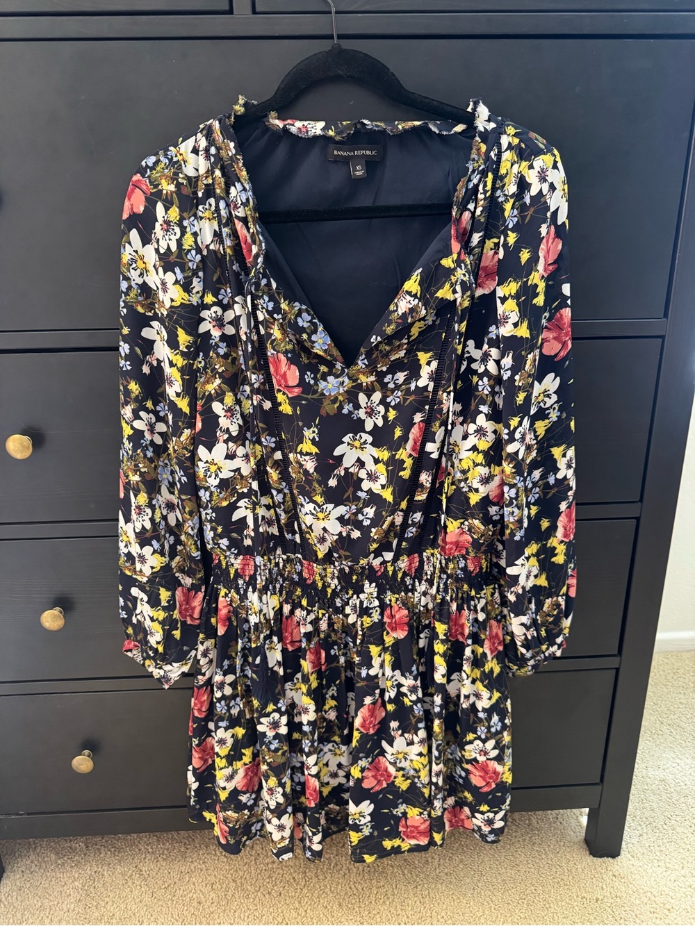 Banana Republic Navy Floral Long-Sleeve V-Neck Dress